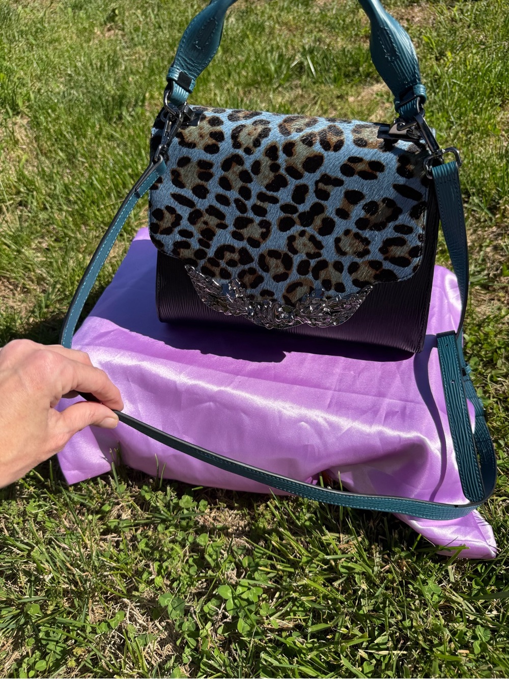 Sharif Legacy Leopard Haircalf and Epi Leather Engraved Leaf Satchel. - Picture 11 of 13